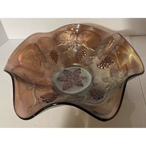 VINTAGE FENTON GLASS GRAPE COBALT GLASS CARNIVAL GLASS RUFFLED BOWL. 9".‎ NICE.